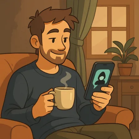 Homme barbu assis confortablement dans un fauteuil, tenant une tasse de café fumante dans une main et un smartphone dans l'autre. Il sourit en regardant l'écran, où s'affiche une silhouette anonyme. L'ambiance intérieure est chaleureuse, avec une plante, un rideau et une fenêtre en arrière-plan