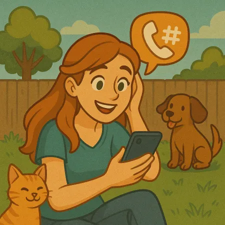 Femme rousse assise sur l'herbe dans un jardin, souriante en regardant son smartphone. Un chat orange est blotti contre elle et un chien brun est assis à proximité. Une bulle de dialogue contenant une icône de téléphone et un dièse flotte au-dessus d'elle, suggérant une conversation téléphonique