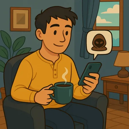 Homme assis confortablement dans un fauteuil, tenant une tasse de café fumant et consultant son smartphone, avec une bulle de message affichant une icône de masque anonyme ou de hacker, dans un salon chaleureux avec fenêtre, lampe et plante.