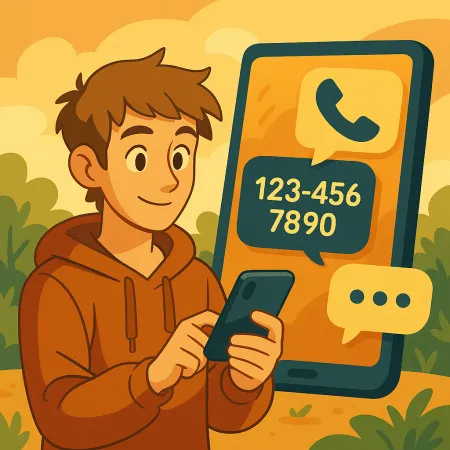 Jeune homme souriant en sweat à capuche utilisant son smartphone, avec un grand écran de téléphone en arrière-plan affichant une icône d'appel et un numéro de téléphone fictif (123-456-7890), dans un décor extérieur stylisé et chaleureux.