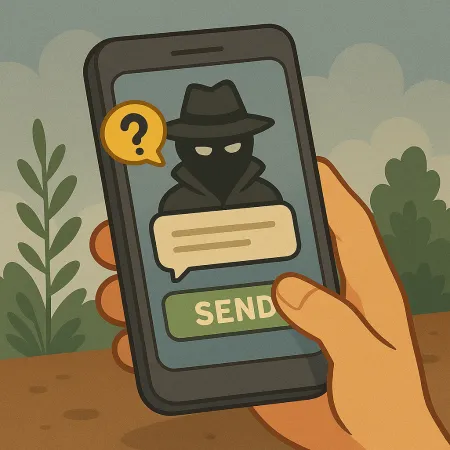 Main tenant un smartphone affichant un personnage masqué en imperméable et chapeau, représentant un expéditeur anonyme. Une bulle de dialogue avec un point d’interrogation est visible, ainsi qu’un bouton vert marqué 'ENVOYER', suggérant l’envoi d’un message anonyme