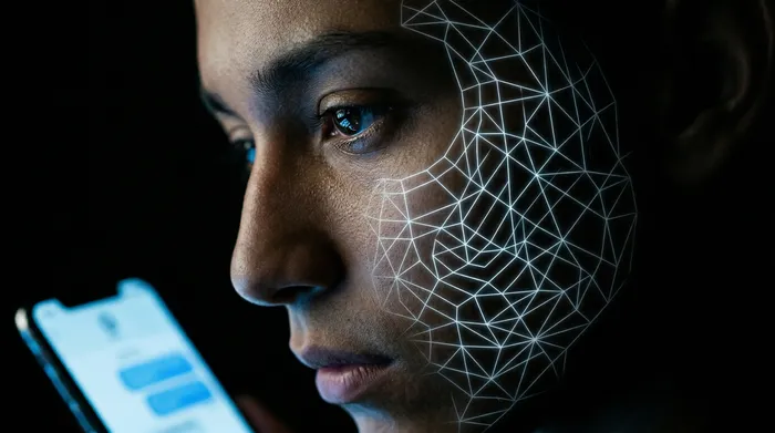 Une main tenant un smartphone affichant une icône de cadenas sur une interface de messagerie, entourée d'un réseau de connexions numériques lumineuses sur fond noir, illustrant la sécurité des données mobiles.