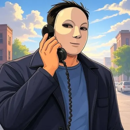 Un homme portant un masque blanc, une veste foncée et un t-shirt bleu, parle dans le récepteur d'un téléphone noir à l'ancienne, avec une rue de la ville en arrière-plan.