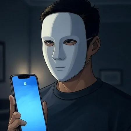 Personne portant un masque blanc et tenant un smartphone avec un écran de verrouillage allumé.