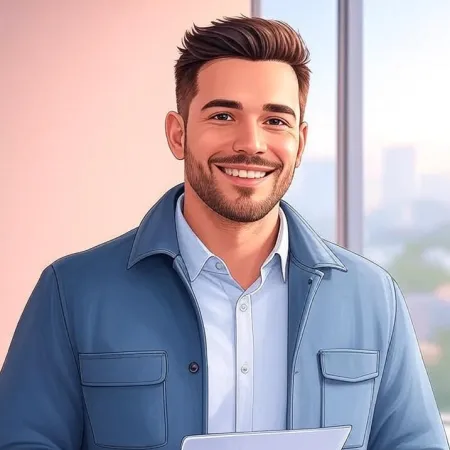 Un jeune homme souriant en tenue professionnelle décontractée dans un bureau.