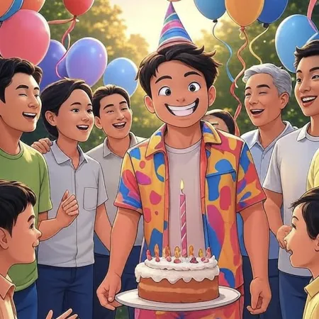 Garçon souriant avec chapeau de fête tenant un gâteau à bougie unique, entouré d’invités et de ballons colorés en extérieur.