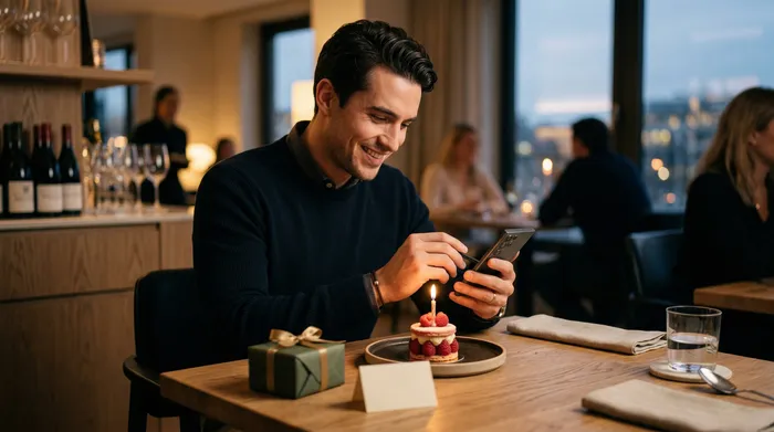Une jeune femme blonde souriante, assise à une table avec un gâteau d'anniversaire aux bougies allumées, qui consulte son smartphone pendant une fête entre amies dans un appartement lumineux.