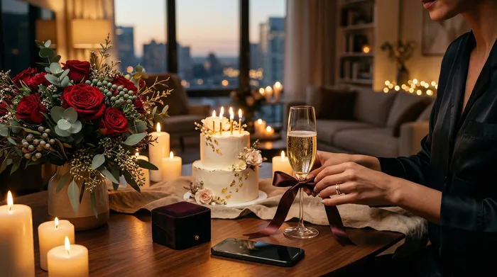 Une femme souriante assise dans une cuisine moderne regarde son téléphone portable, tandis que deux hommes en arrière-plan lui présentent des gâteaux d'anniversaire avec des bougies allumées.