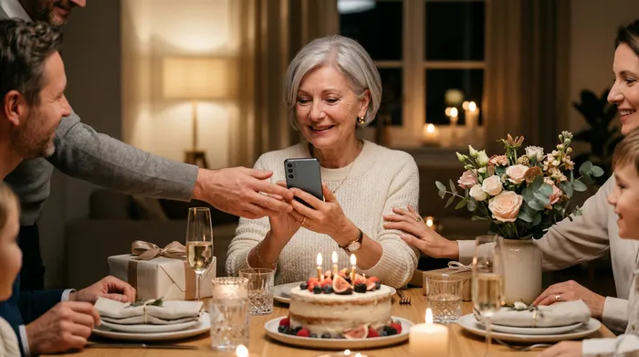 Une femme en tenue élégante décore une coupe de champagne avec un ruban lors d'un dîner romantique aux chandelles, avec un gâteau d'anniversaire et un bouquet de roses rouges sur la table.