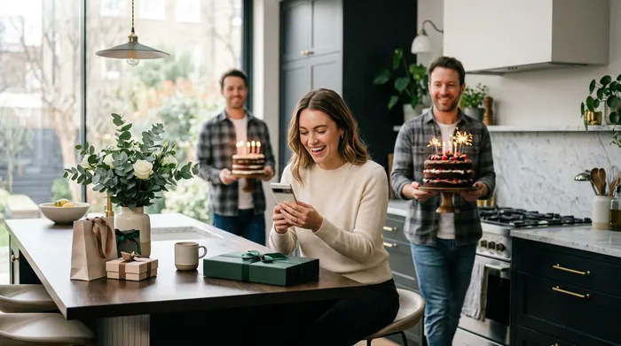 Une femme souriante en robe verte à paillettes regarde son smartphone devant un gâteau d'anniversaire décoré de bougies, entourée d'amis trinquant avec des coupes de champagne lors d'une fête.