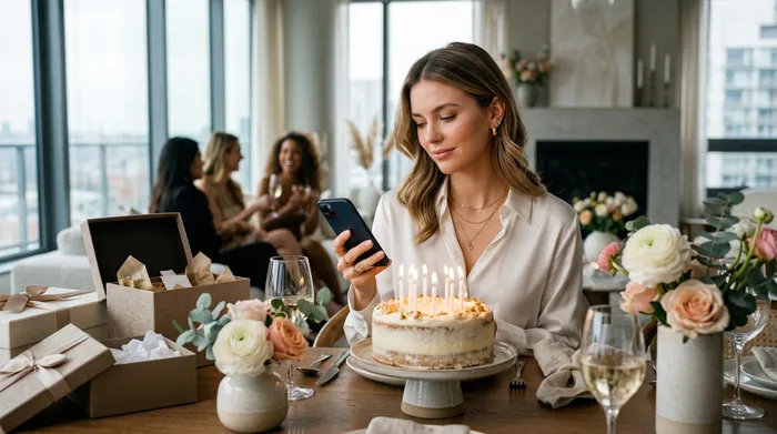 Un smartphone avec un écran vide, posé devant un gâteau d'anniversaire chic et décoré sur une table de fête avec des cadeaux et des coupes de champagne.