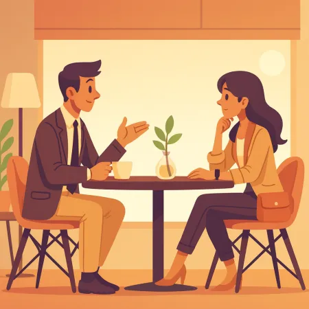 Illustration de deux personnes discutant face à face dans un café, un homme en costume et une femme en tenue décontractée chic, assis à une table avec une petite plante au centre