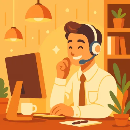 Illustration d’un homme souriant avec un casque audio travaillant sur un ordinateur de bureau dans un environnement chaleureux et confortable avec des plantes et une tasse de café