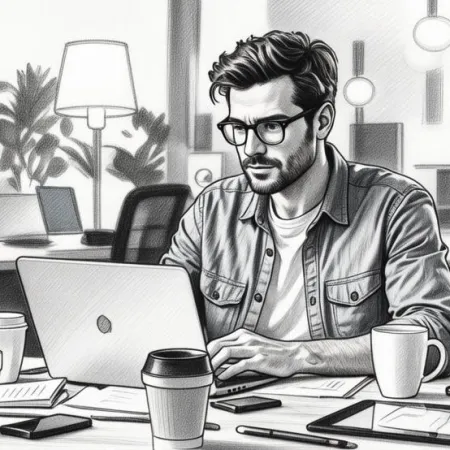 Illustration style croquis d’un homme concentré travaillant sur son ordinateur.